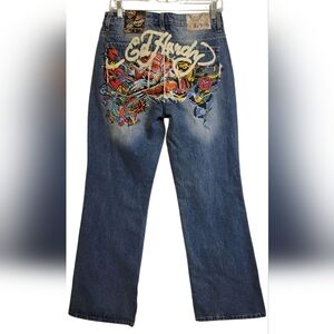 Ed Hardy Low-Waist Baggy Jeans Y2K Style Tattoo Heart Dragon Tiger Snake Koi NWT